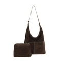 Retro brown suede large hobo shoulder bag and pouch set with contrast white stitching - No Pendant / Brown