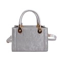 Borsa a mano argento testurizzata con chiusura dorata e manici tondi su fondo bianco - Grigio