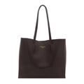Brown lychee leather tote bag with gold logo and geometric stitching on white background - Brown