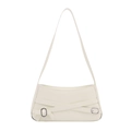 Minimalist beige leather shoulder bag with cross strap design and silver metal buckles - White