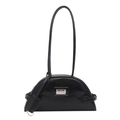Borsa a spalla minimalista in pelle nera lucida con targa argentata e fibbie laterali - Nero