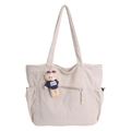 Borsa tote beige in velluto a coste con tasche laterali e decoro orsetto peluche - Bianco con Pendente