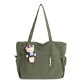 Borsa tote in velluto a coste verde scuro con tasche laterali e ciondolo a orsetto - Verde con Pendente