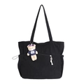 Borsa tote in velluto a coste nera con tasca con zip e ciondolo orsetto di peluche - Nero con Pendente