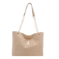 Elegant khaki suede tote bag with metal chain strap and silver deer pendant detail - Khaki