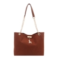 Vintage caramel tote bag with golden chain strap and deer charm on white background - Brown