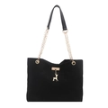 Vintage black suede tote bag with golden chain strap and a metallic deer pendant charm - Black