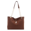 Dark brown faux suede tote bag featuring a gold chain strap and silver deer charm detail - Brown