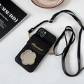 Black quilted iPhone case with crossbody strap, card holder and gold flower mirror detail - Black / iPhone 14 Pro