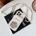White quilted phone wallet with gold Aquarius logo and cloud-shaped mirror detail - Apricot / iPhone 14 Pro