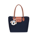 Dunkelblaue Nylon-Einkaufstasche mit braunen Ledergriffen und flauschigem Anhänger - Mit Anhänger Stil / Marineblau (Mit Anhänger)