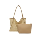 Minimalist mesh tote bag with matching inner pouch set in earthy khaki tone - Khaki
