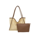 Large beige woven straw tote bag with brown leather handles and matching inner pouch set - Brown