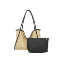 Beige woven straw tote with black leather trim and matching inner pouch set - Black