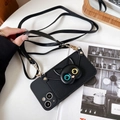 Funda iPhone negra con correa y tarjetero de gato 3D con ojos azules y dorados - Negro / iPhone 7/8/SE 2020