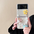 Samsung Z Flip case with colorful 3D flowers, white daisies and a pearl hand strap - Hard Shell - Pearl Chain / Three-color Daisy - Pink Yellow Blue / Samsung ZFlip3