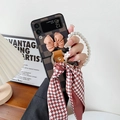 Checkerboard Galaxy Z Flip case with pink bow, pearl handle, and ribbon scarf charm - Brown Grid Bow Gold Ring Scarf Pearl Chain / Samsung ZFlip3