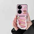 Coque pour Huawei P50 Pocket en cuir rose avec chaîne de perles et breloque ours en peluche - Rose / Huawei P50 pocket