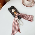 Detail of checkered Z Flip 3 case with heart decor, pearl chain and silk ribbon bow - Brown Grid Heart Gold Ring Scarf Pearl Chain / Samsung ZFlip3