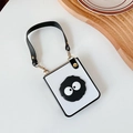 Detail of white lychee leather mini bag with cute soot sprite and black top handle - Cross Grain Soot Sprite White (With Leather Strap) / Samsung ZFlip3
