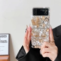 Luxury rhinestone bow phone case detail with gold chain for Samsung Z Flip series - Bow Wallet Style (Z Flip 3) / White Gold