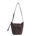 Retro-Eimertasche aus braunem Wildleder mit weißen Kontrastnähten und Quasten - Kaffee ohne Anhänger