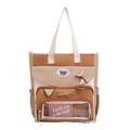 Three-color patchwork tote bag in brown beige and white with fashion front pocket - Khaki