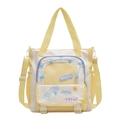Cute Japanese style yellow tote bag with cartoon embroidery and mesh pocket - Yellow