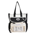 Black and cream contrast canvas tote bag with front pocket and clear window detail - Black and White