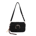 Sac bandoulière en daim noir rétro avec boucle dorée ronde et bandoulière réglable - Avec Ornement / Noir