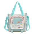 Light blue and cream contrast canvas tote bag with cartoon embroidery and multiple pockets - Green
