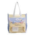 Bolso tote de lona tricolor con orejas de gato y bolsillo transparente para exhibir - Amarillo con Azul