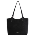Große schwarze Leder-Shopper-Tasche mit langen Riemen und goldenem Logo auf weißem Grund - Schwarz