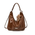 Bruine glanzende leren Hobo tas met een schattige pluche puppy sleutelhanger - Bruin Met Hanger