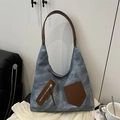 Bolso hobo vintage de lona con bolsillos de cuero marrón y correa de hombro estilo casual - Azul