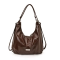 Dark brown high-gloss leather hobo bag with adjustable shoulder strap and silver logo - Coffee No Pendant