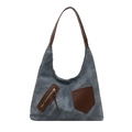 Borsa tote capiente in tela lavata con dettagli in pelle marrone stile retrò - Blu