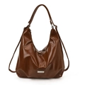 Brown high-gloss PU leather Hobo shoulder bag with adjustable straps and metal logo tag - Brown No Pendant