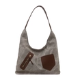 Grande borsa hobo vintage in tela grigia con tasche in similpelle marrone da donna - Grigio