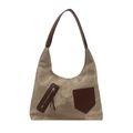 Borsa tote in tela kaki retrò con tasche asimmetriche in pelle per il pendolare quotidiano - Cachi