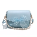 Sky blue crossbody bag with oversized organza bow and white pearl chain handle - Blue