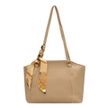 Large khaki tote bag with twin straps and decorative floral silk scarf for women's commute - Khaki