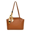 Brown leather tote bag with white stitching and printed silk scarf on the handle - Brown