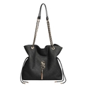 Elegante borsa a secchiello nera con logo S dorato, frange e tracolla a catena - Nero