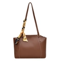 Brown faux leather tote bag with white contrast stitching and a decorative floral silk scarf - Brown