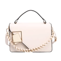Minimalist white flap bag with black piping and gold geometric buckle on white background - White