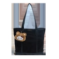 Borsa tote nera minimalista con manici in pelle e ciondolo orsetto di peluche - Nero con Pendente