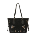 Grande borsa tote nera con motivo gatto carino e anelli metallici dorati lucidi - Nero