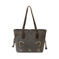 Sac cabas gris avec motif chat de dessin animé, lanières en cuir marron et détails dorés - Gris