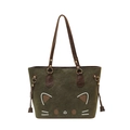 Sac cabas rétro vert foncé avec imprimé chat mignon et anses marron chic - Vert